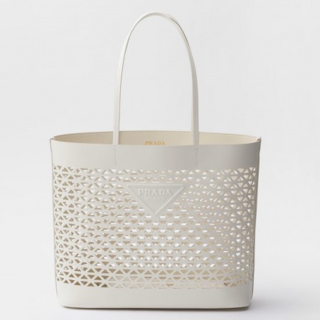 Prada Large Tote Bag in White Perforated Leather