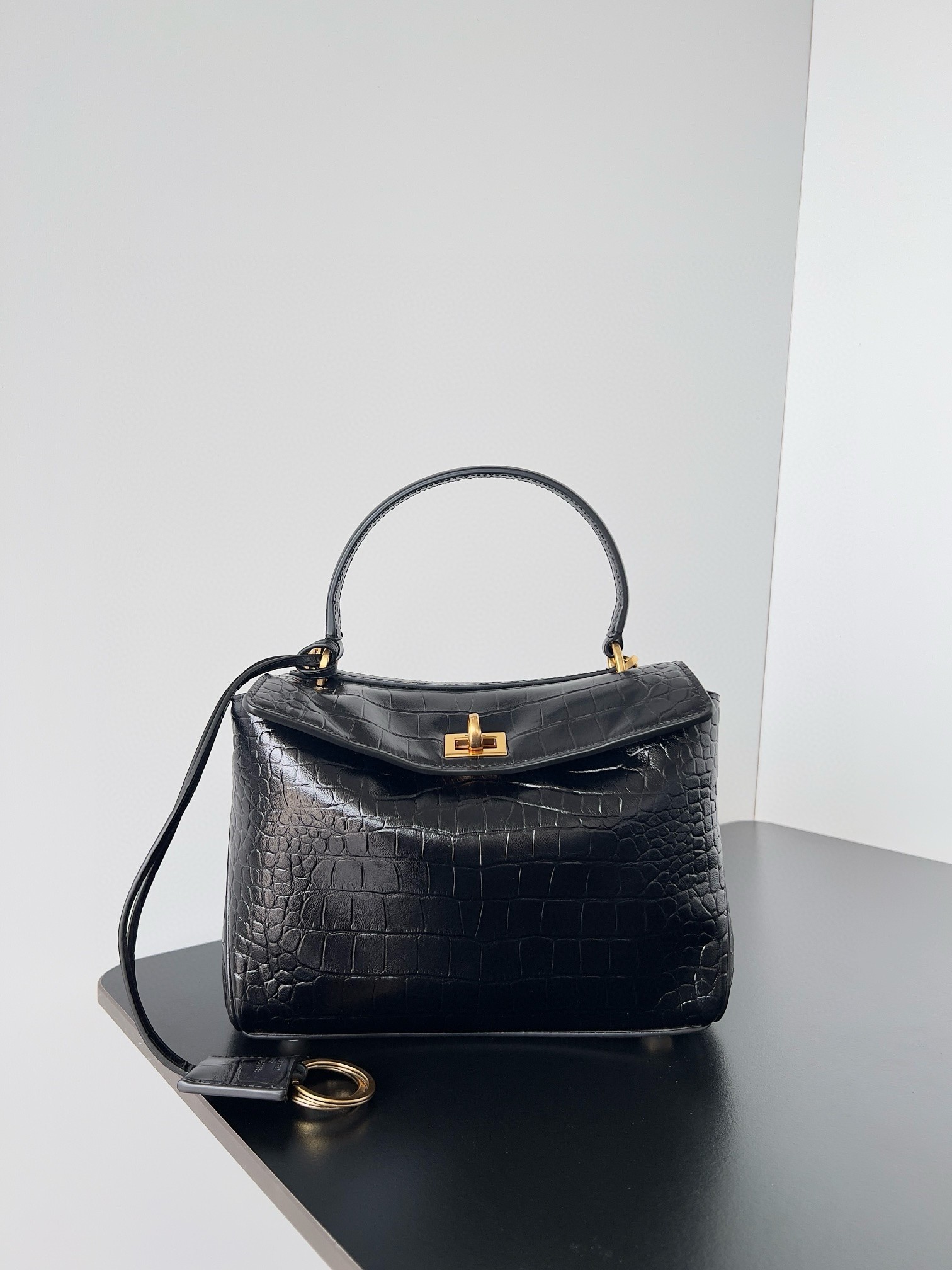 Ba*len*cia*ga rodeo mini bag in black crocodile embossed calfskin