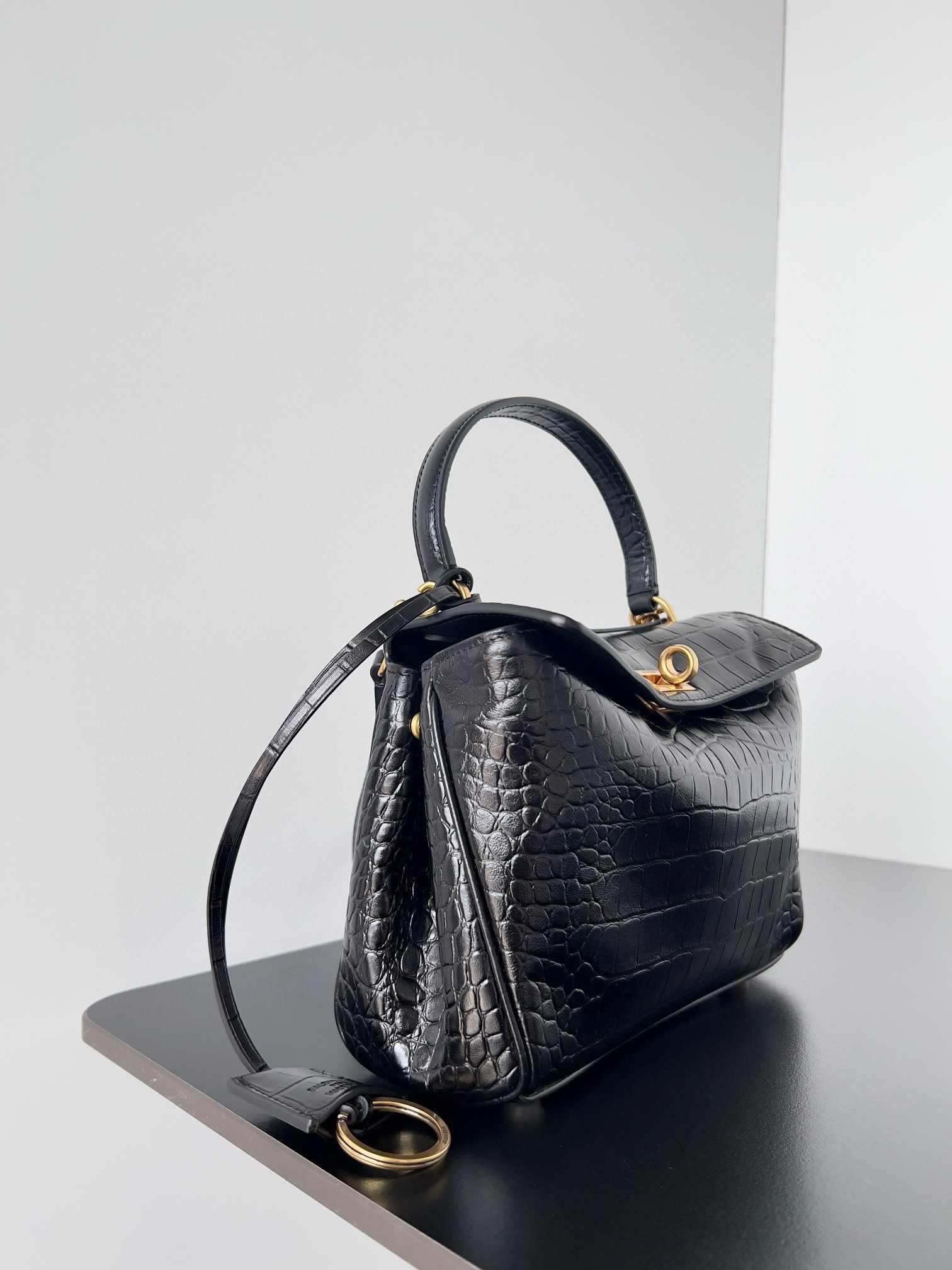 Ba*len*cia*ga rodeo mini bag in black crocodile embossed calfskin