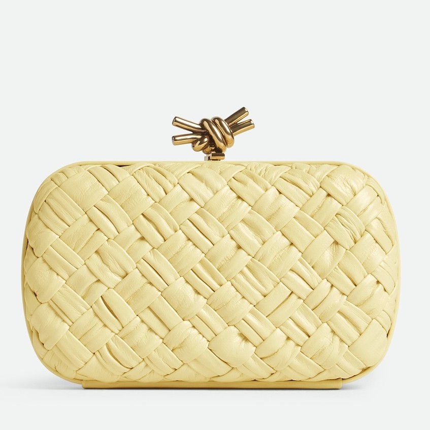 bo*te*ga Ve*ne*ta knot minaudiere clutch in ice cream foulard intreccio leather