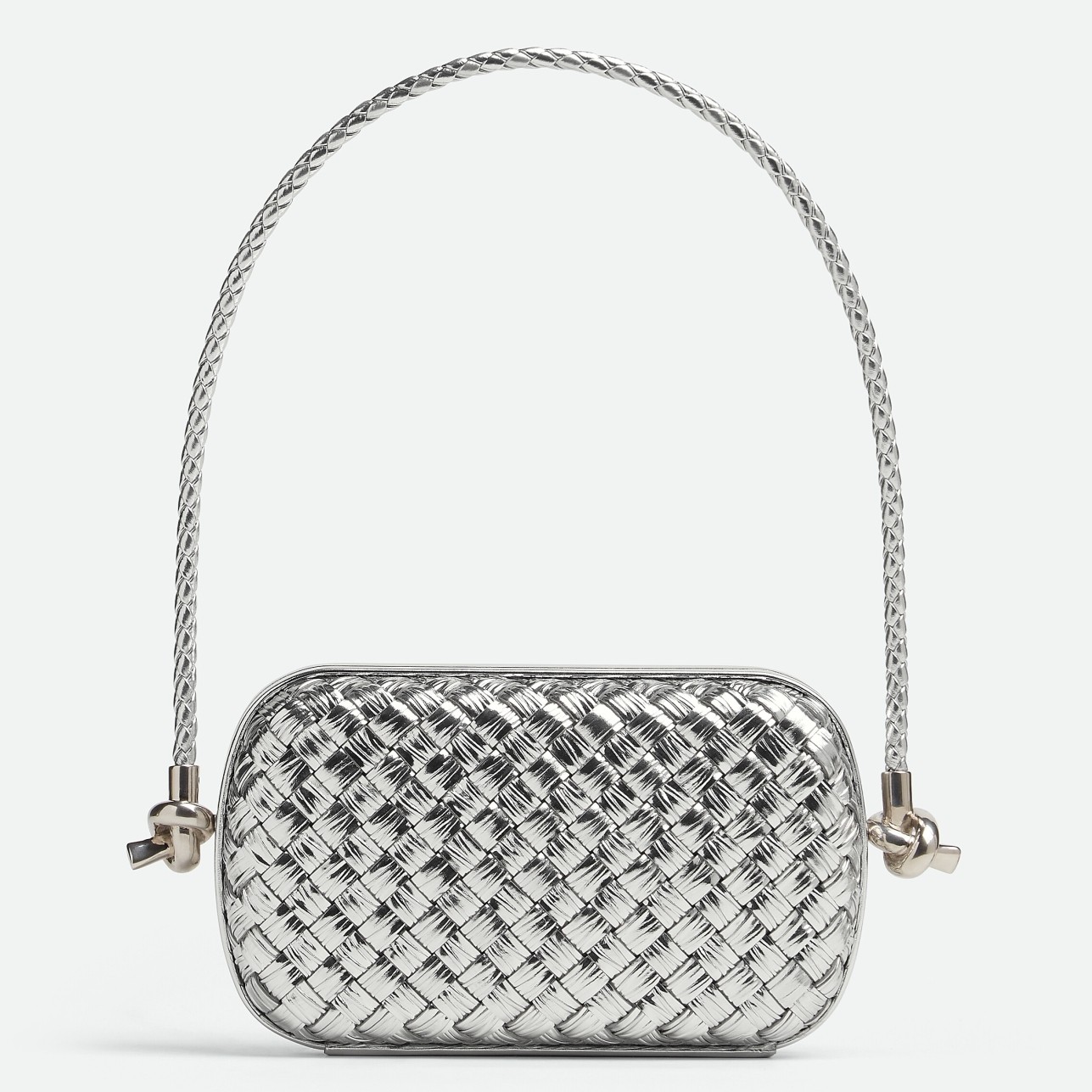 bo*te*ga Ve*ne*ta knot minaudiere on strap in silver intreccio laminated leather