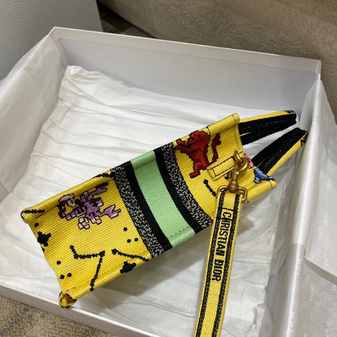 Replica Dior Mini Book Tote Phone Bag In Yellow Pixel Zodiac Embroidery