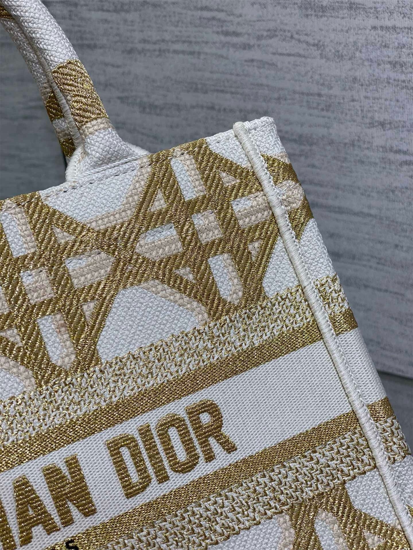 D*or small book tote bag in white and gold macrocannage embroidery