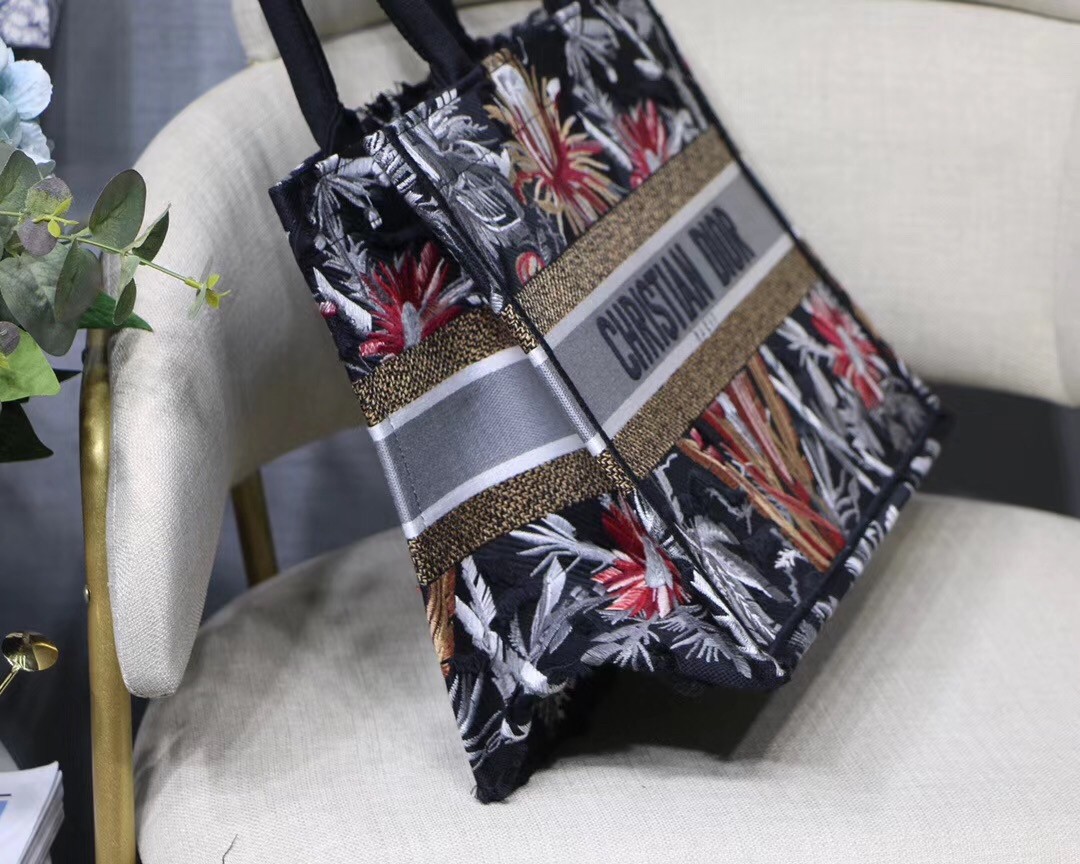 D*or small book tote in black camouflage with flowers