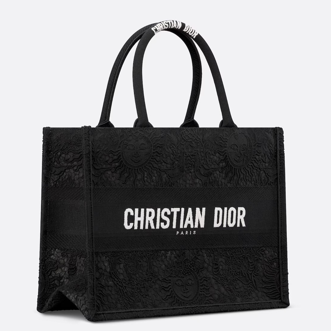 D*or medium book tote bag in black toile de jouy soleil macramé embroidery