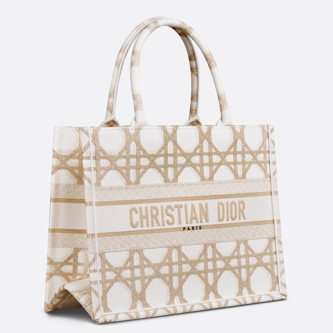 D*or medium book tote bag in white and gold macrocannage embroidery