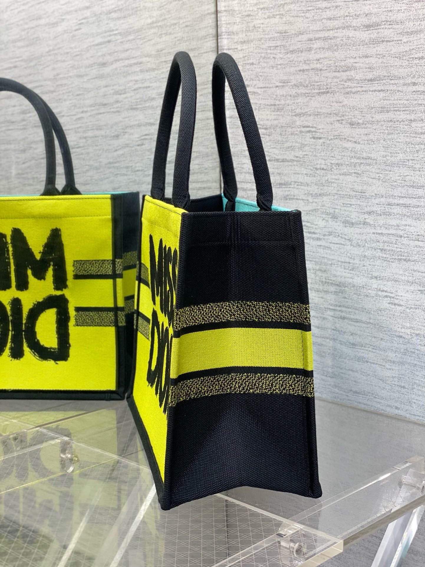 D*or medium book tote bag in yellow and blue miss D*or graffiti embroidery