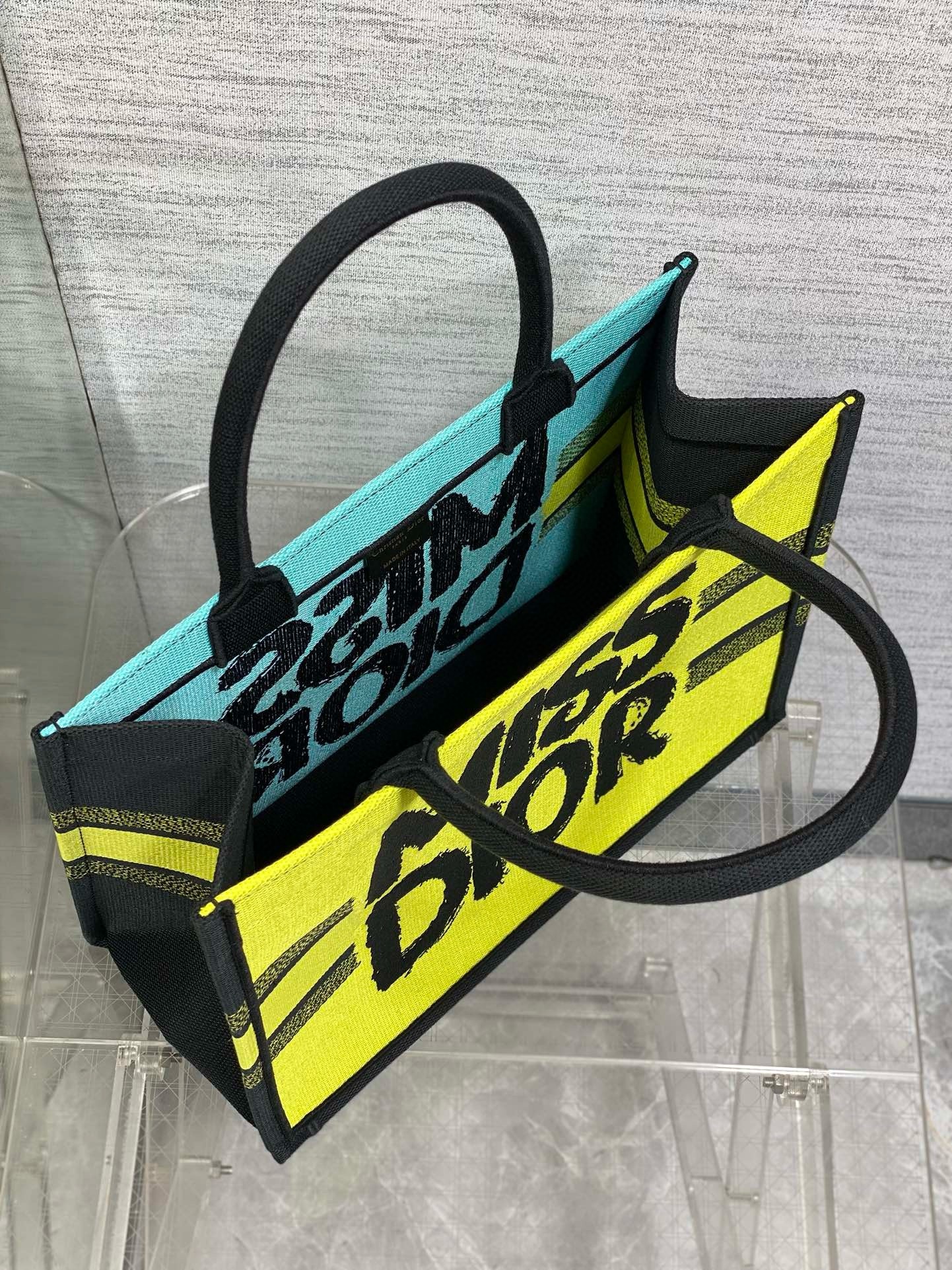 D*or medium book tote bag in yellow and blue miss D*or graffiti embroidery