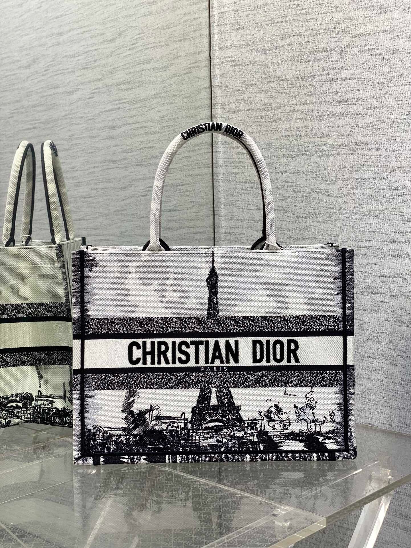 D*or medium book tote bag in white and black paris embroidery