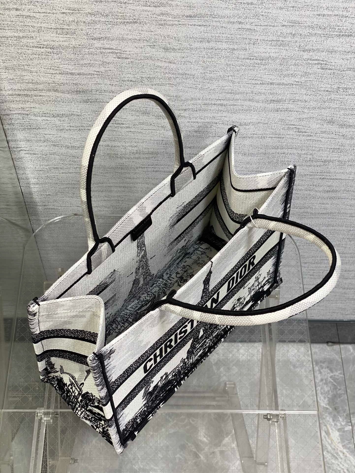 D*or medium book tote bag in white and black paris embroidery