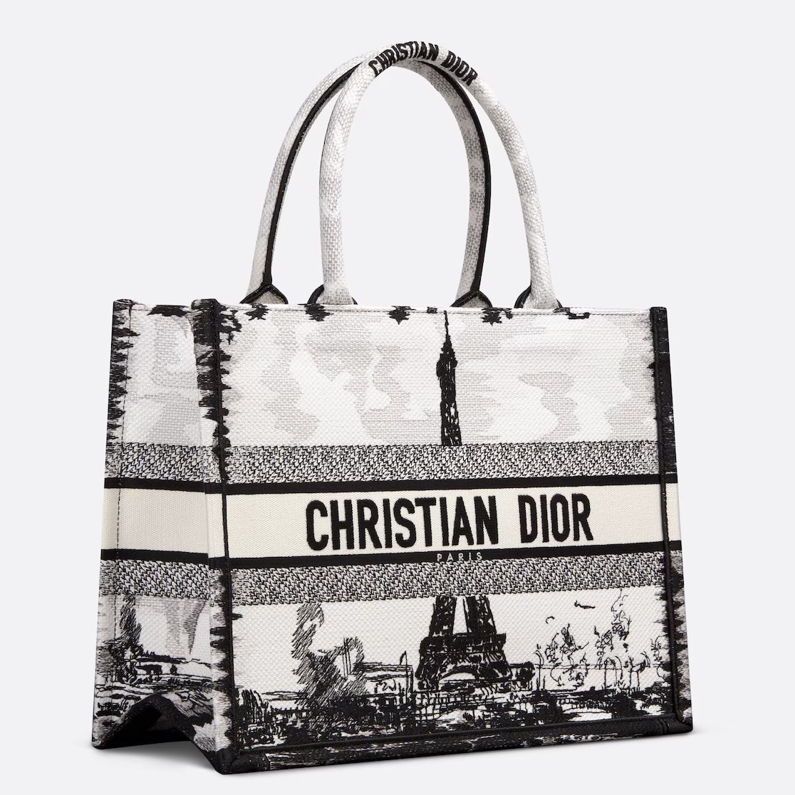 D*or medium book tote bag in white and black paris embroidery