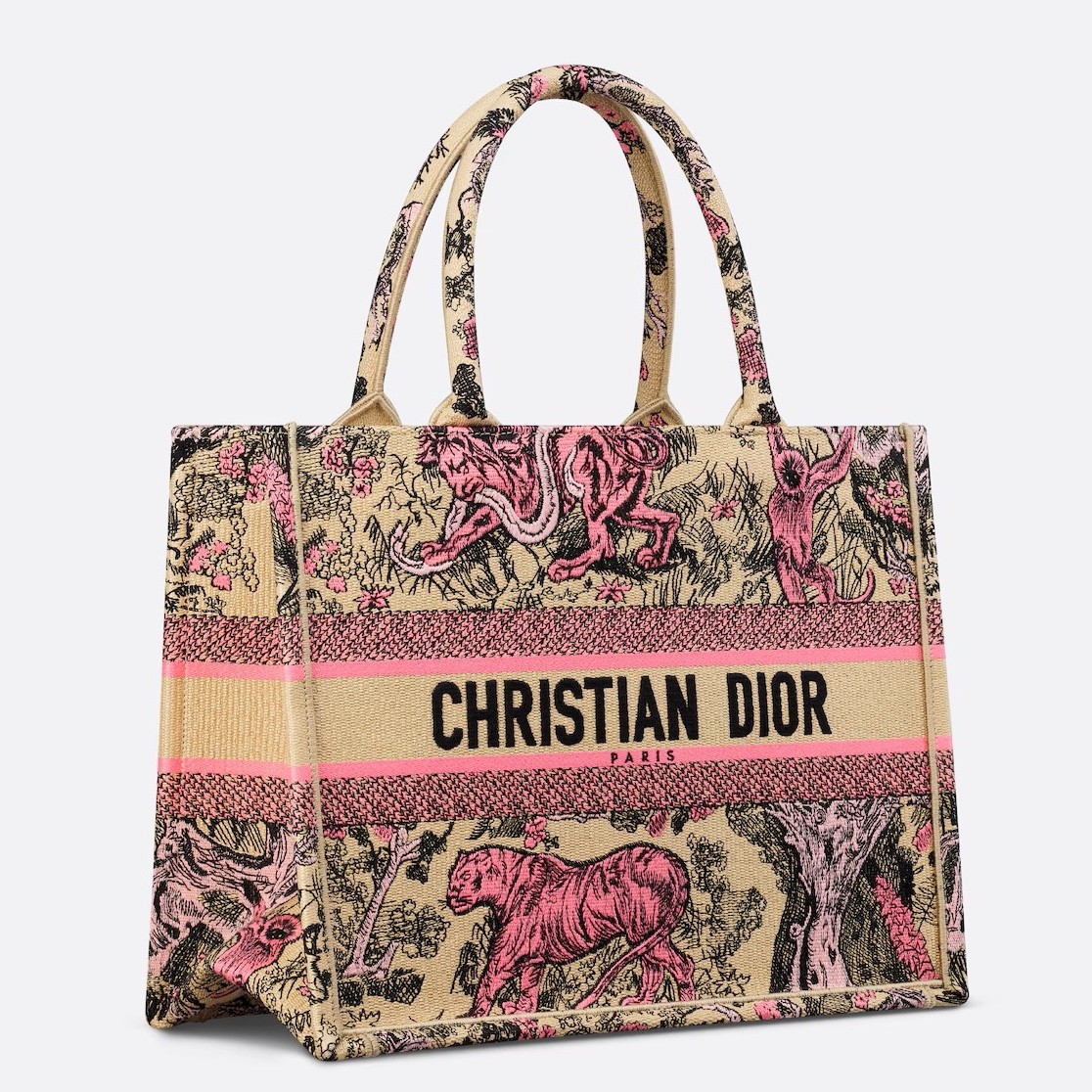 D*or medium D*oriviera book tote in raffia with pink toile de jouy sauvage embroidery