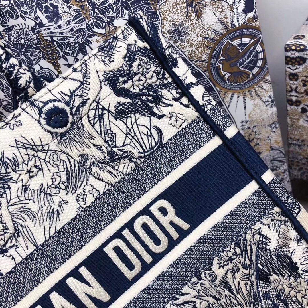 D*or small book tote in blue toile de jouy canvas