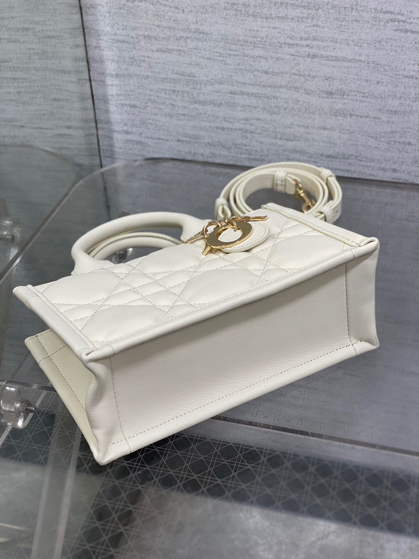 D*or mini book tote bag with strap in white macrocannage calfskin