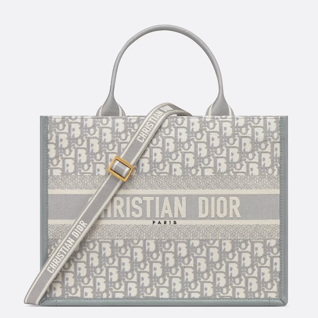 D*or medium book tote bag with strap in oblique embroidery and grey calfskin