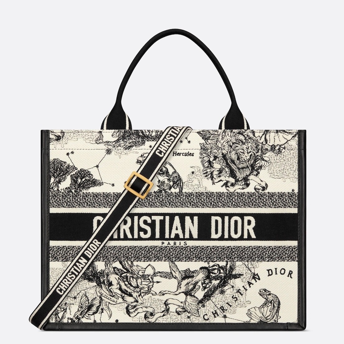 D*or medium book tote bag with strap in white D*or zodiac embroidery