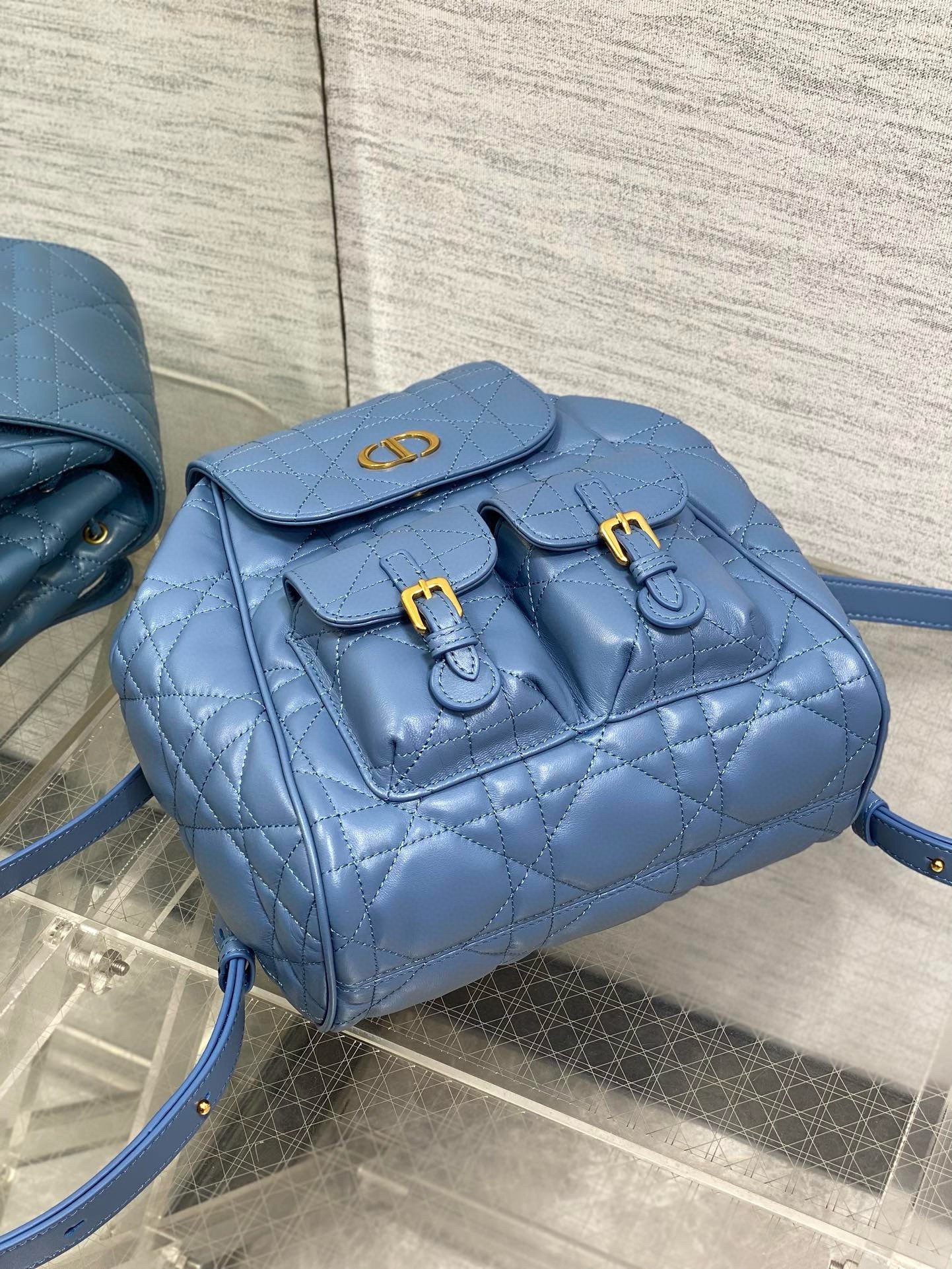 D*or caro medium backpack in blue macrocannage lambskin