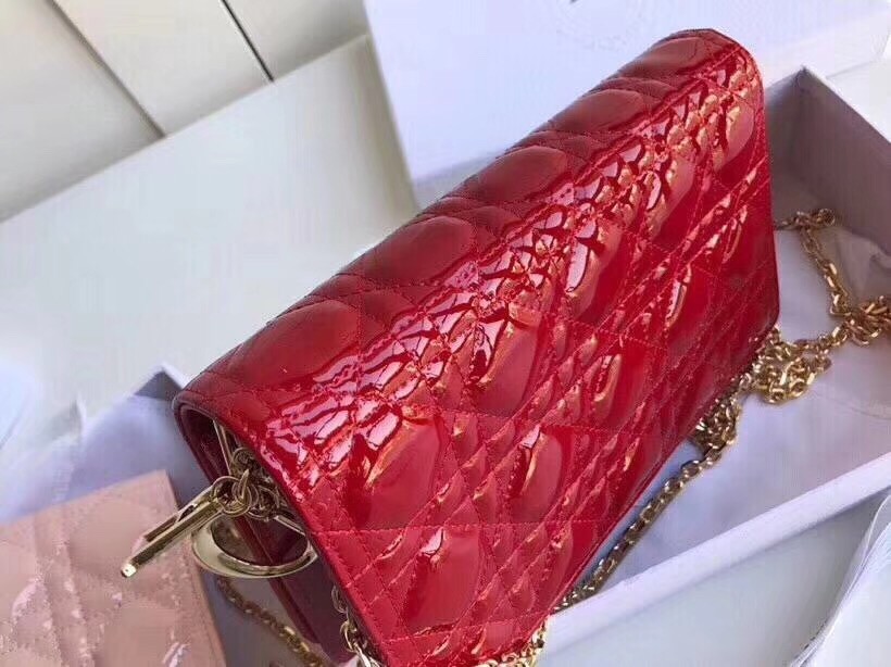 D*or lady D*or clutch with chain in red patent calfskin