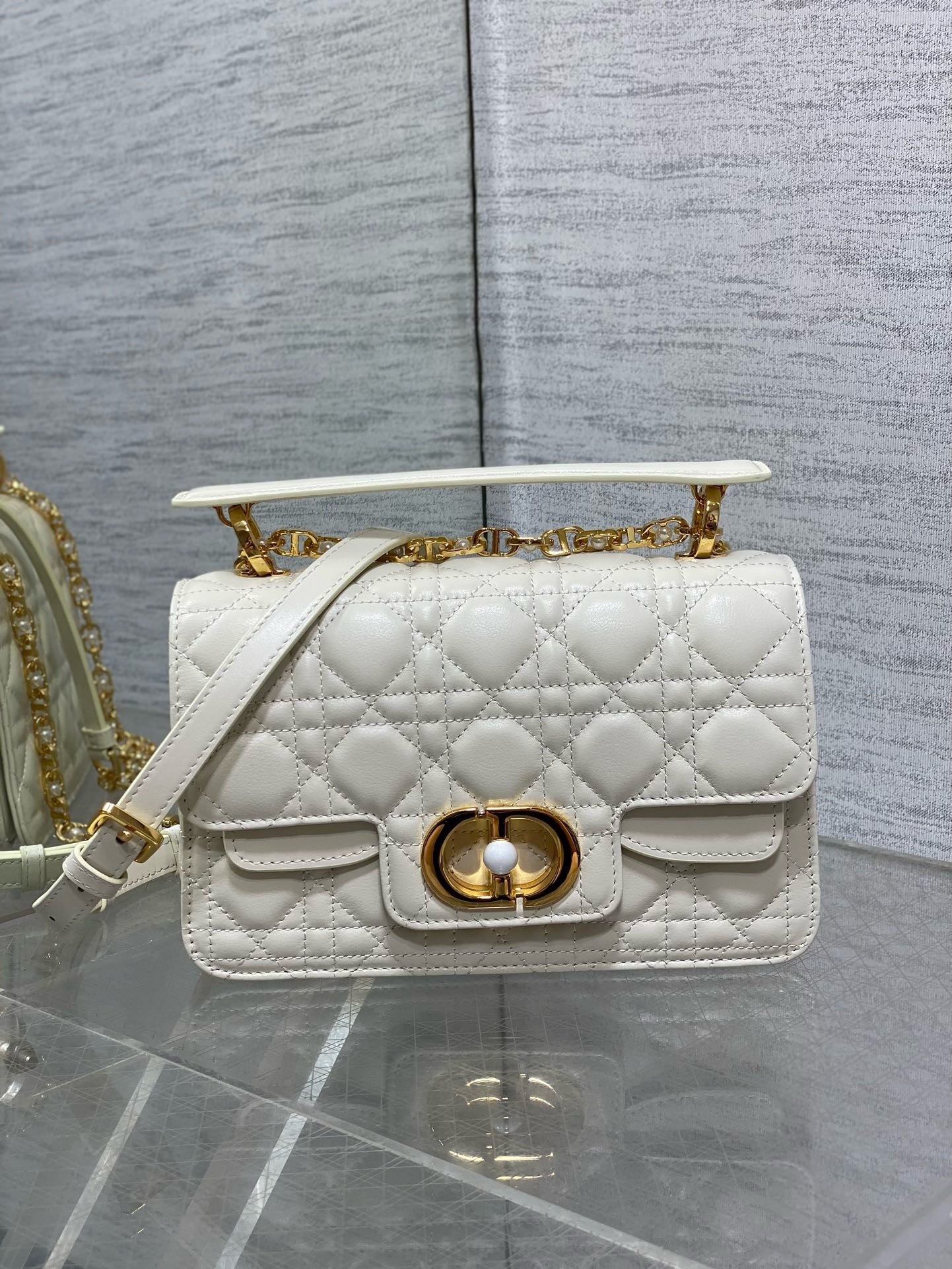 D*or small jolie top handle bag in white cannage calfskin