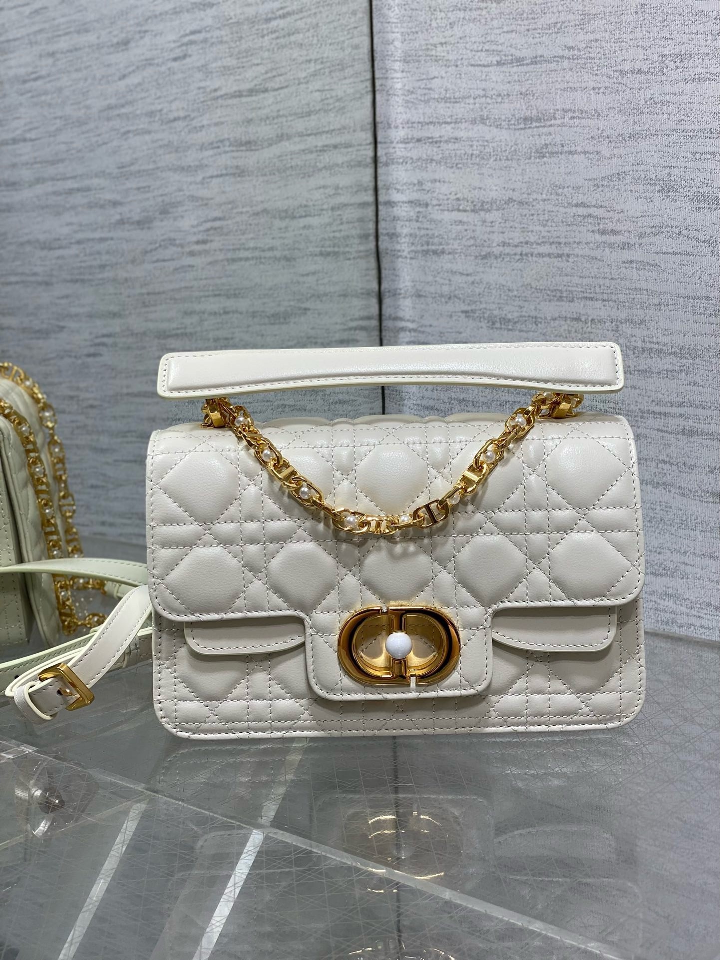 D*or small jolie top handle bag in white cannage calfskin