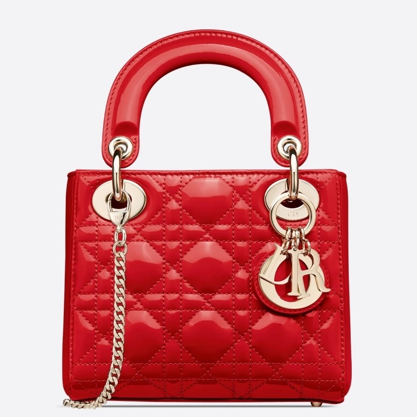 D*or mini lady D*or bag in cherry patent calfskin