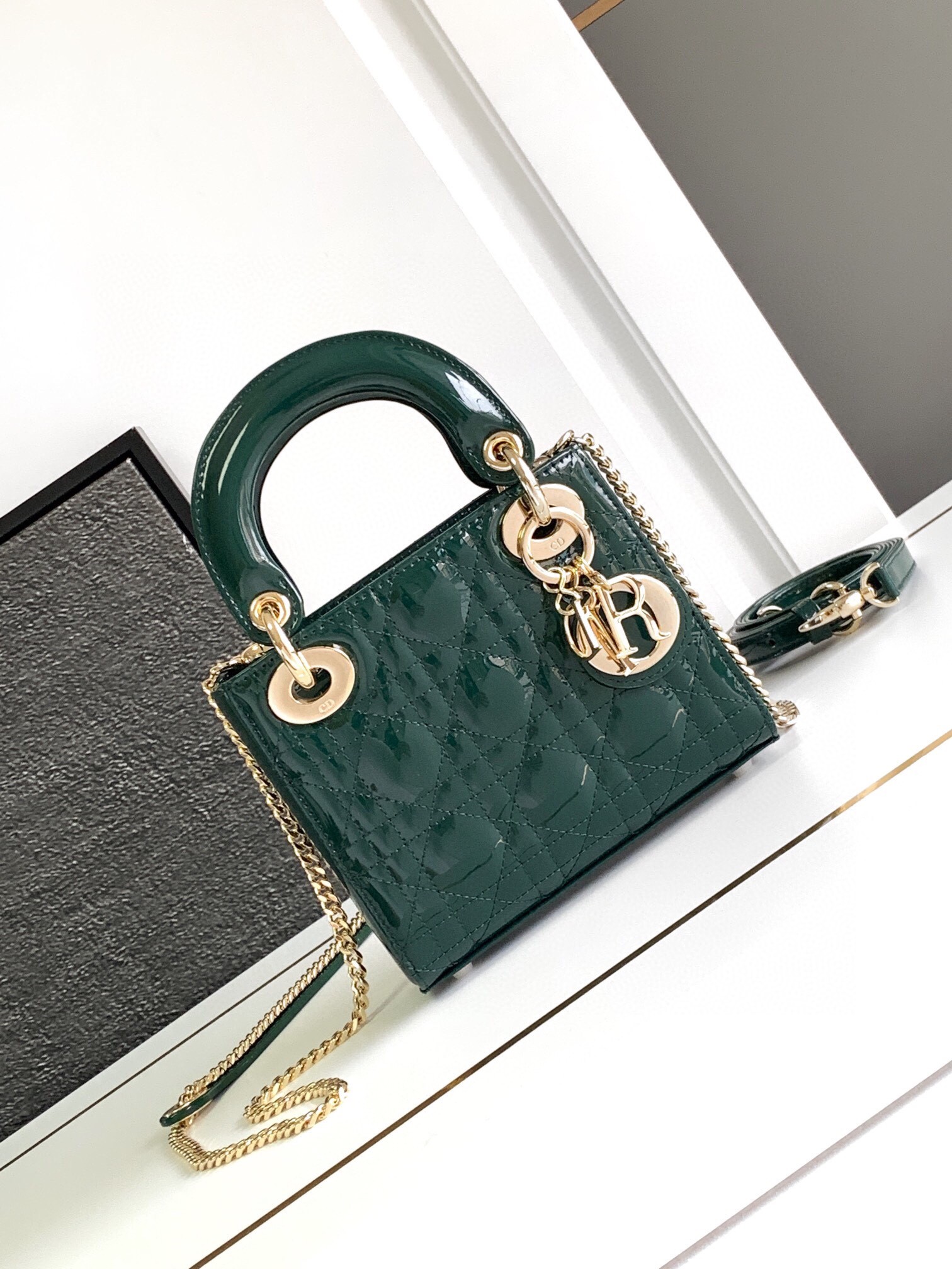 D*or lady D*or mini chain bag with chain in green patent calfskin