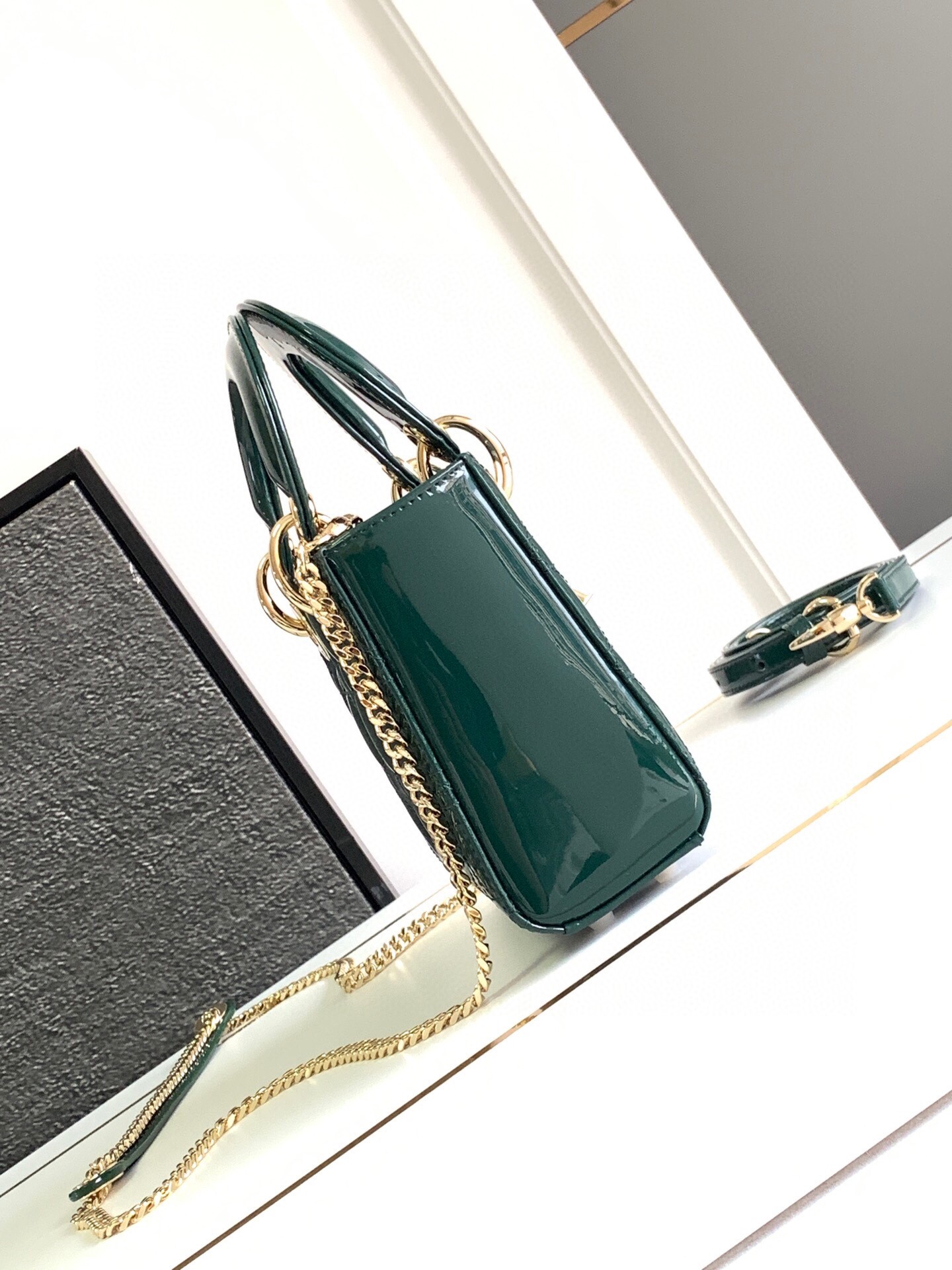 D*or lady D*or mini chain bag with chain in green patent calfskin