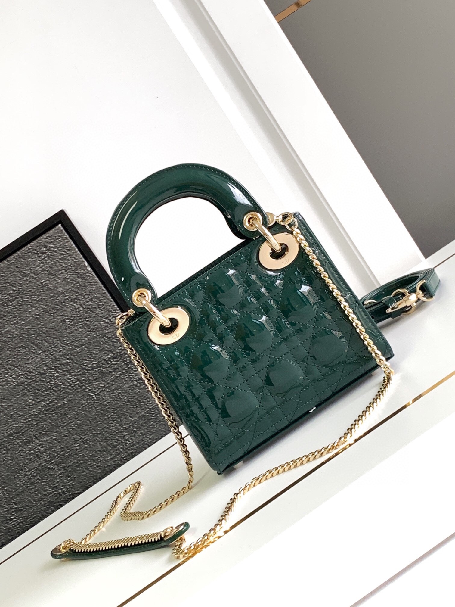 D*or lady D*or mini chain bag with chain in green patent calfskin