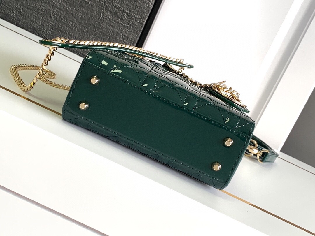 D*or lady D*or mini chain bag with chain in green patent calfskin