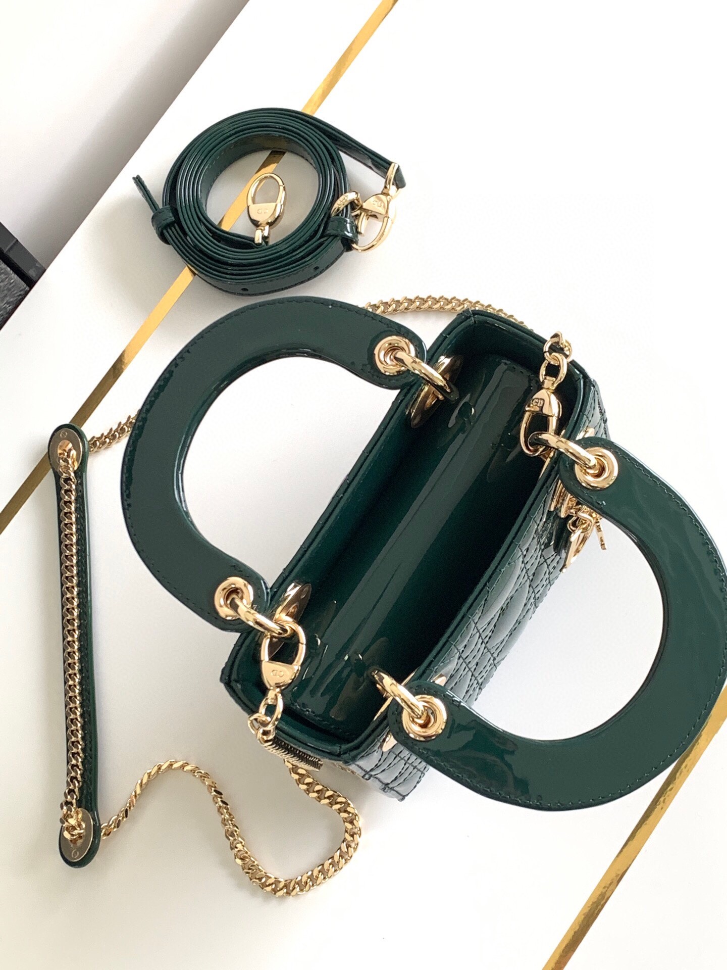 D*or lady D*or mini chain bag with chain in green patent calfskin