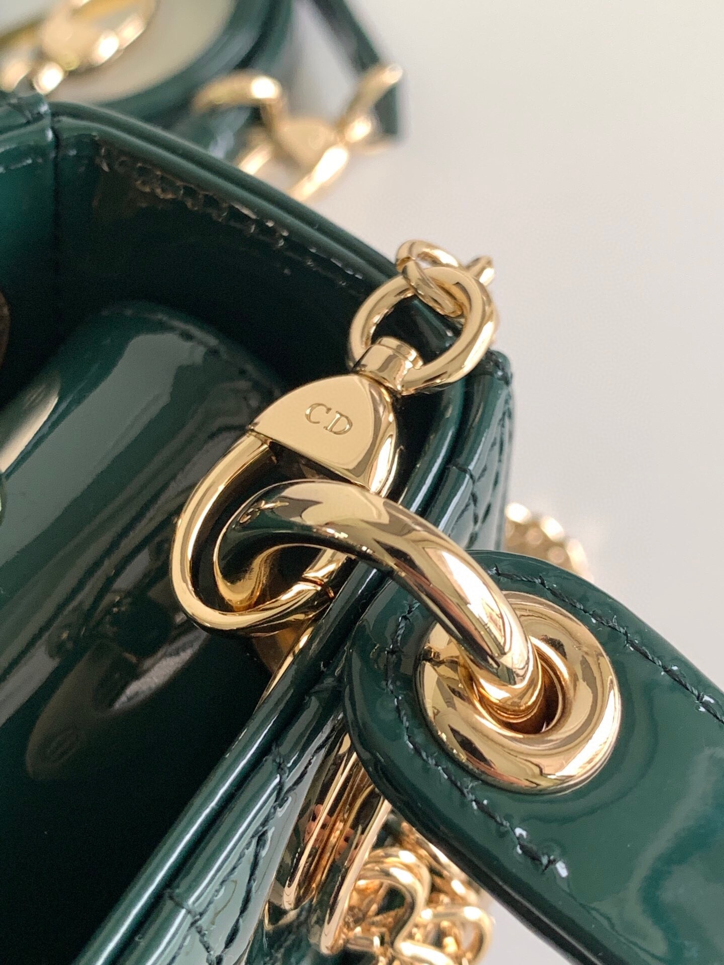 D*or lady D*or mini chain bag with chain in green patent calfskin