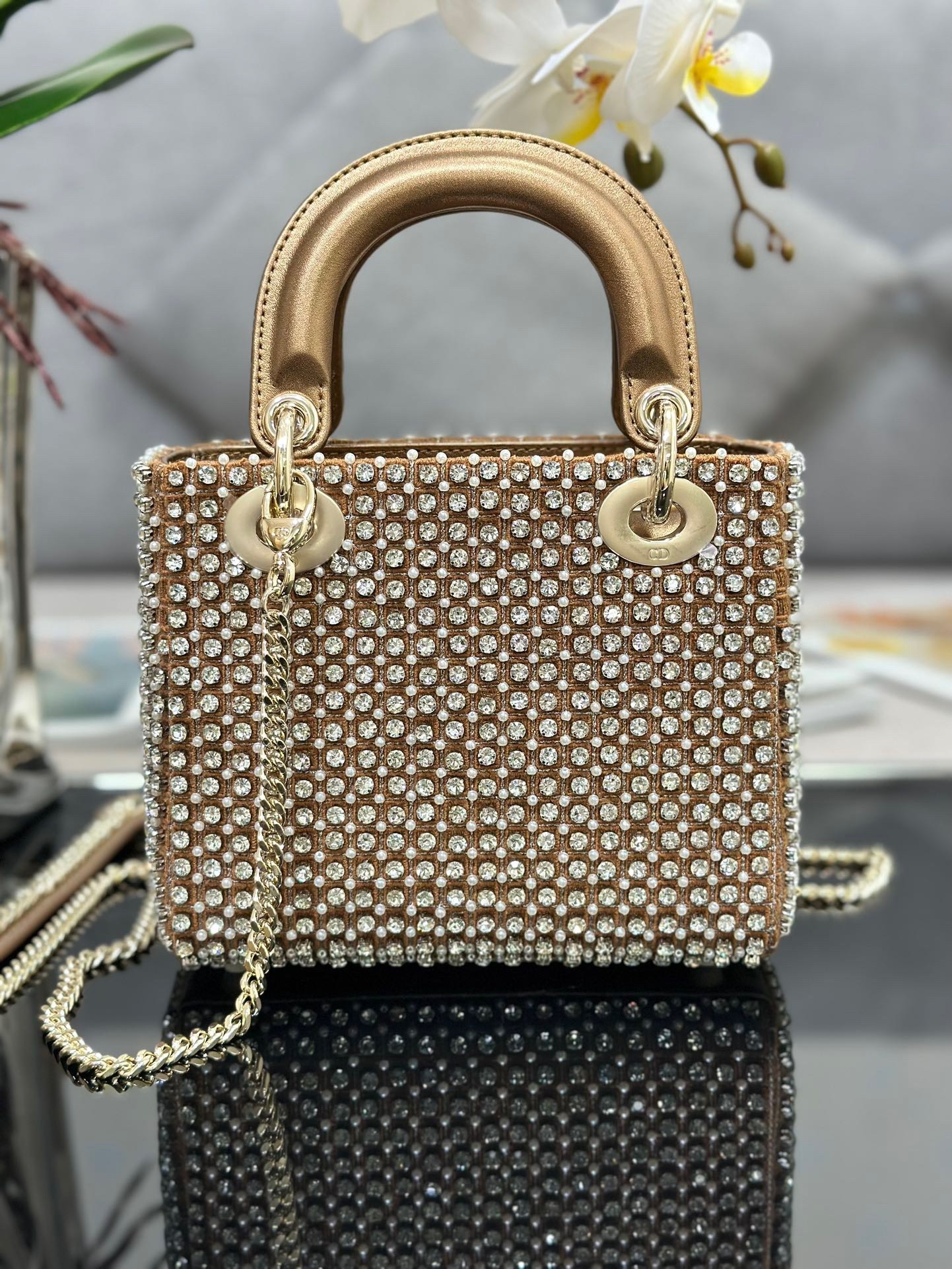 D*or lady D*or mini chain bag in square with strass and beads