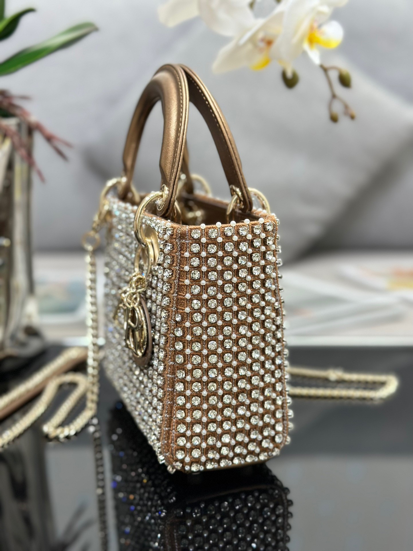 D*or lady D*or mini chain bag in square with strass and beads