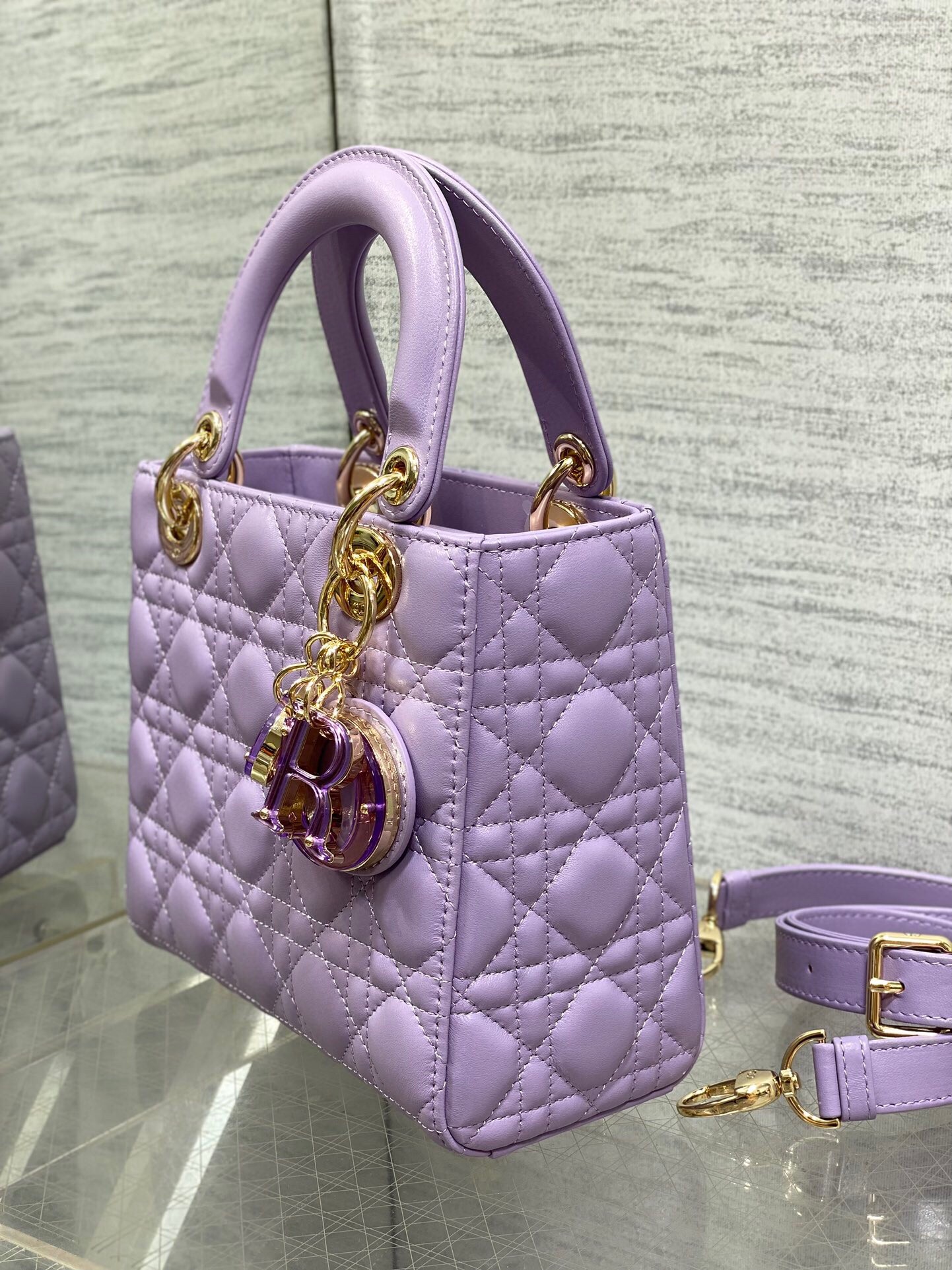 D*or small lady D*or bag in lilas lambskin with resin charms