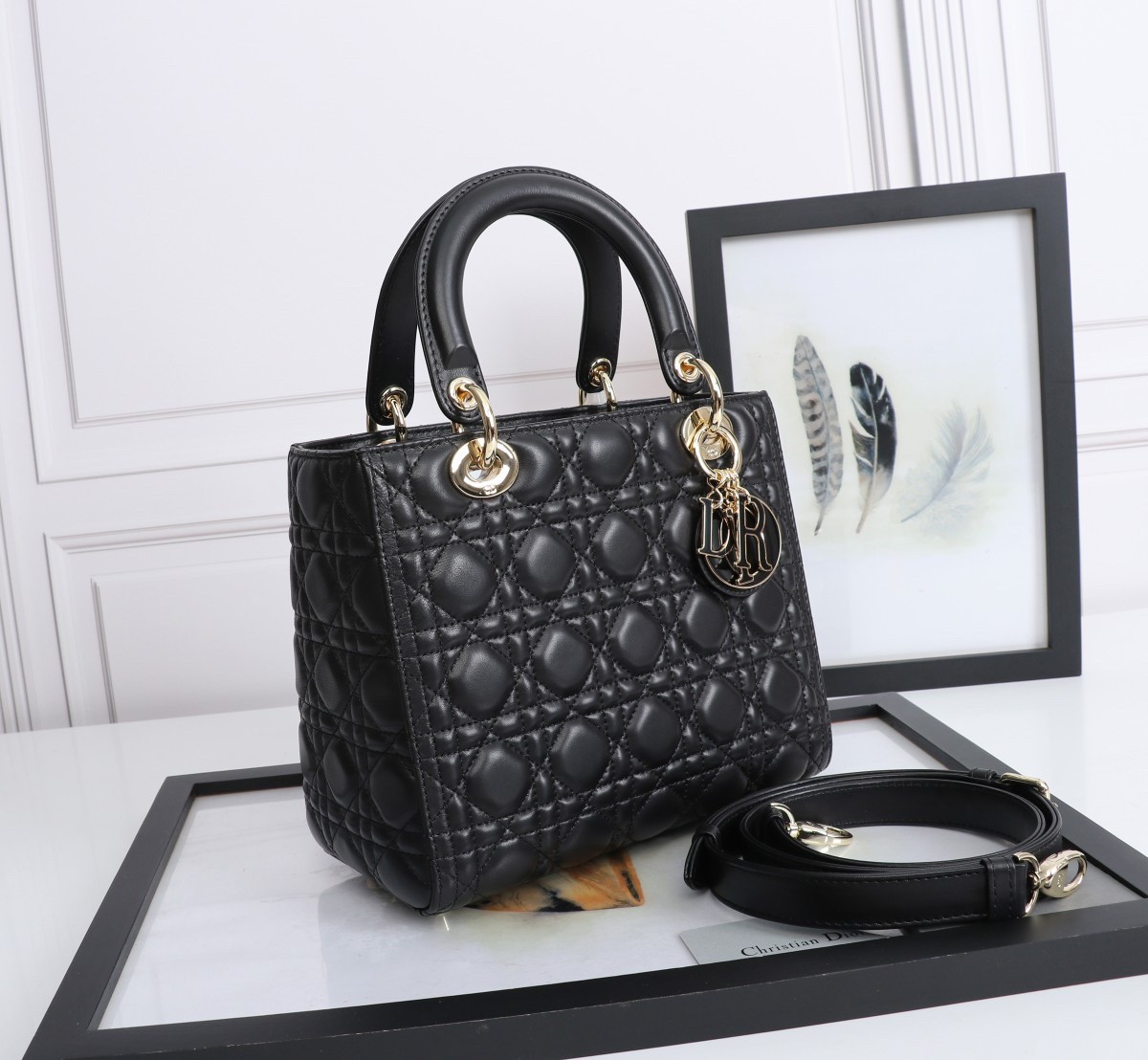 D*or medium lady D*or bag with enamel charm in black lambskin