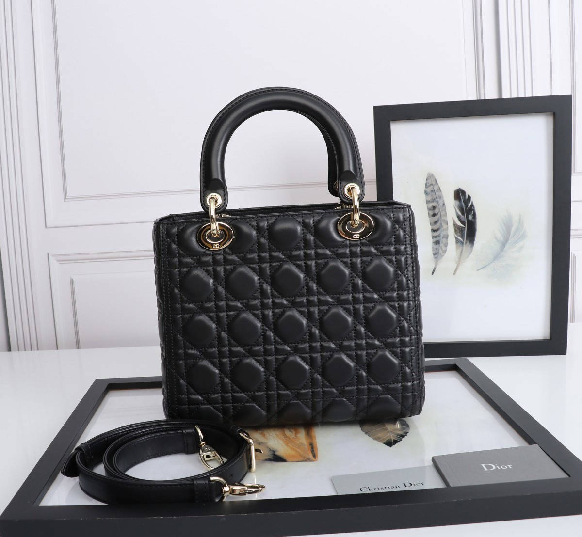 D*or medium lady D*or bag with enamel charm in black lambskin