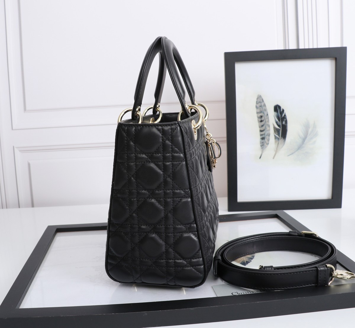 D*or medium lady D*or bag with enamel charm in black lambskin