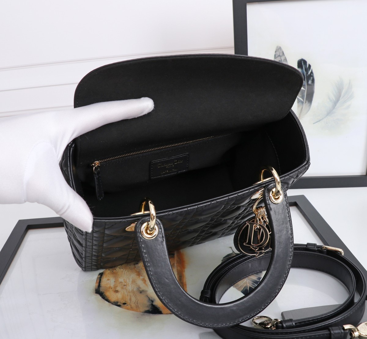 D*or medium lady D*or bag with enamel charm in black lambskin