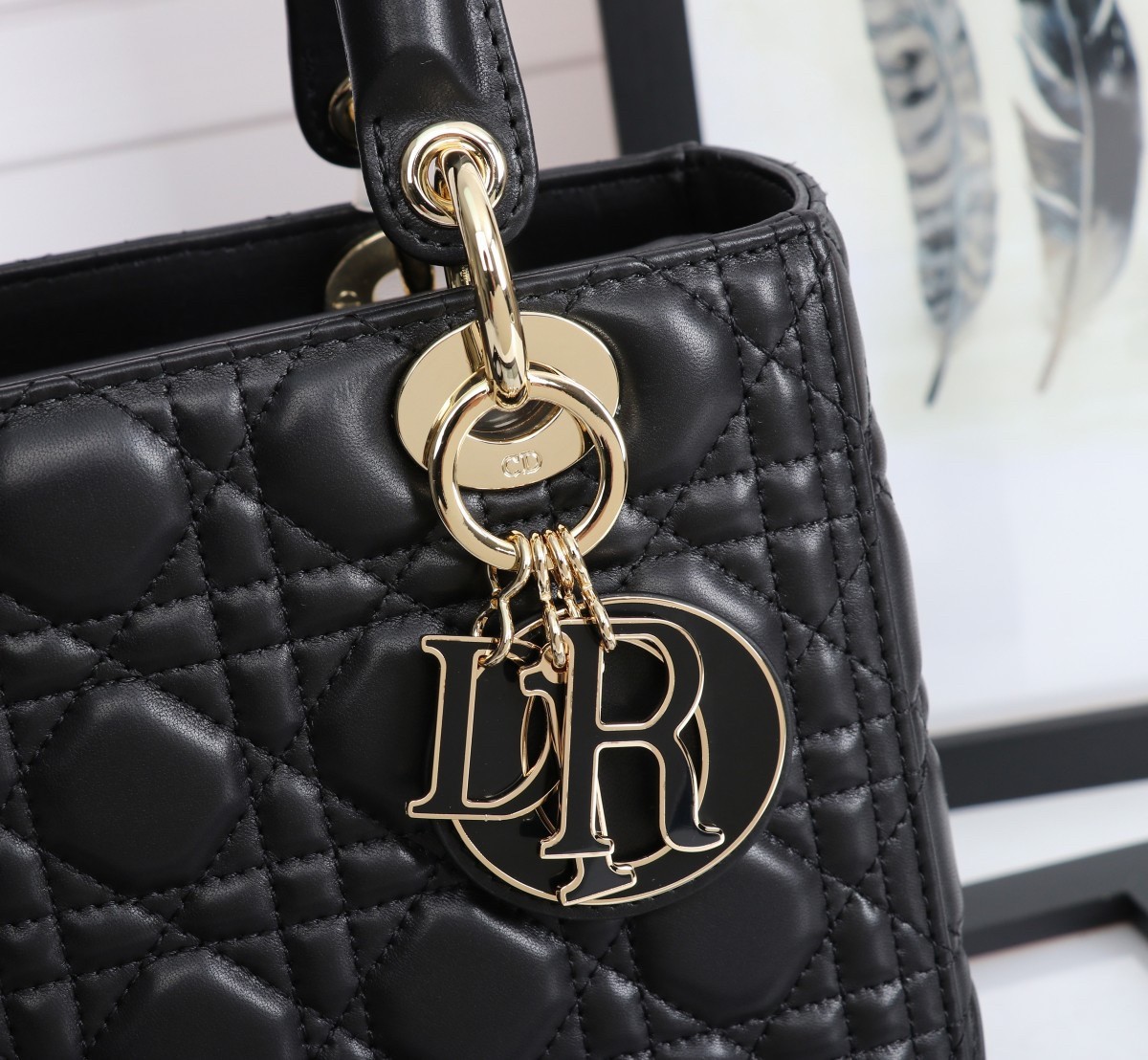 D*or medium lady D*or bag with enamel charm in black lambskin