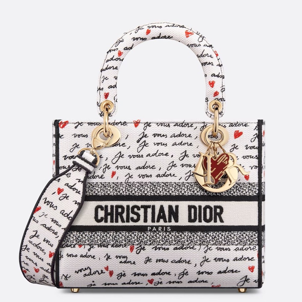 D*or lady d-lite medium bag in white and red je vous adore motif