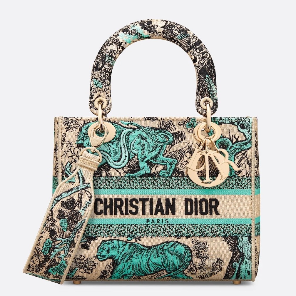 D*or D*oriviera lady d-lite medium bag in raffia with green toile de jouy sauvage embroidery