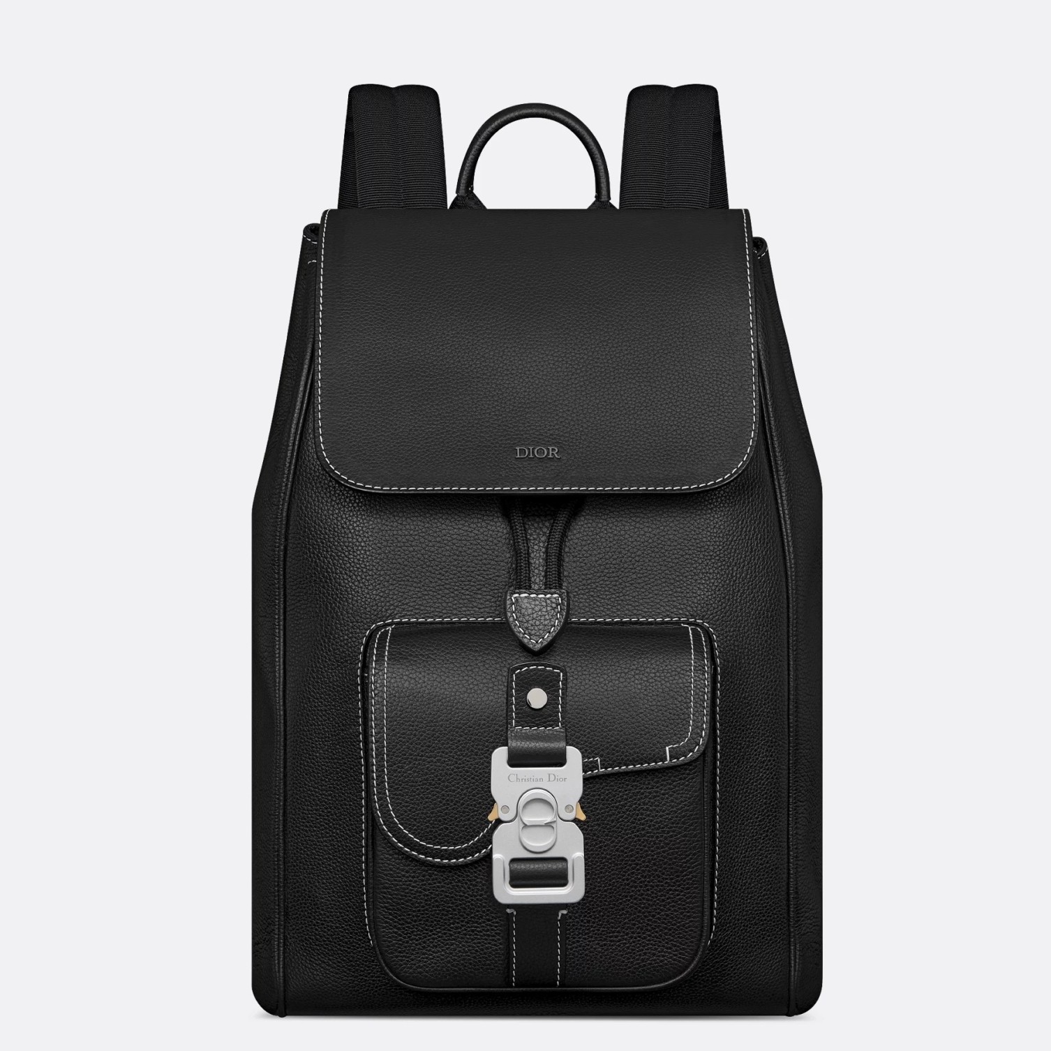 D*or saddle backpack with flap in black grained calfskin