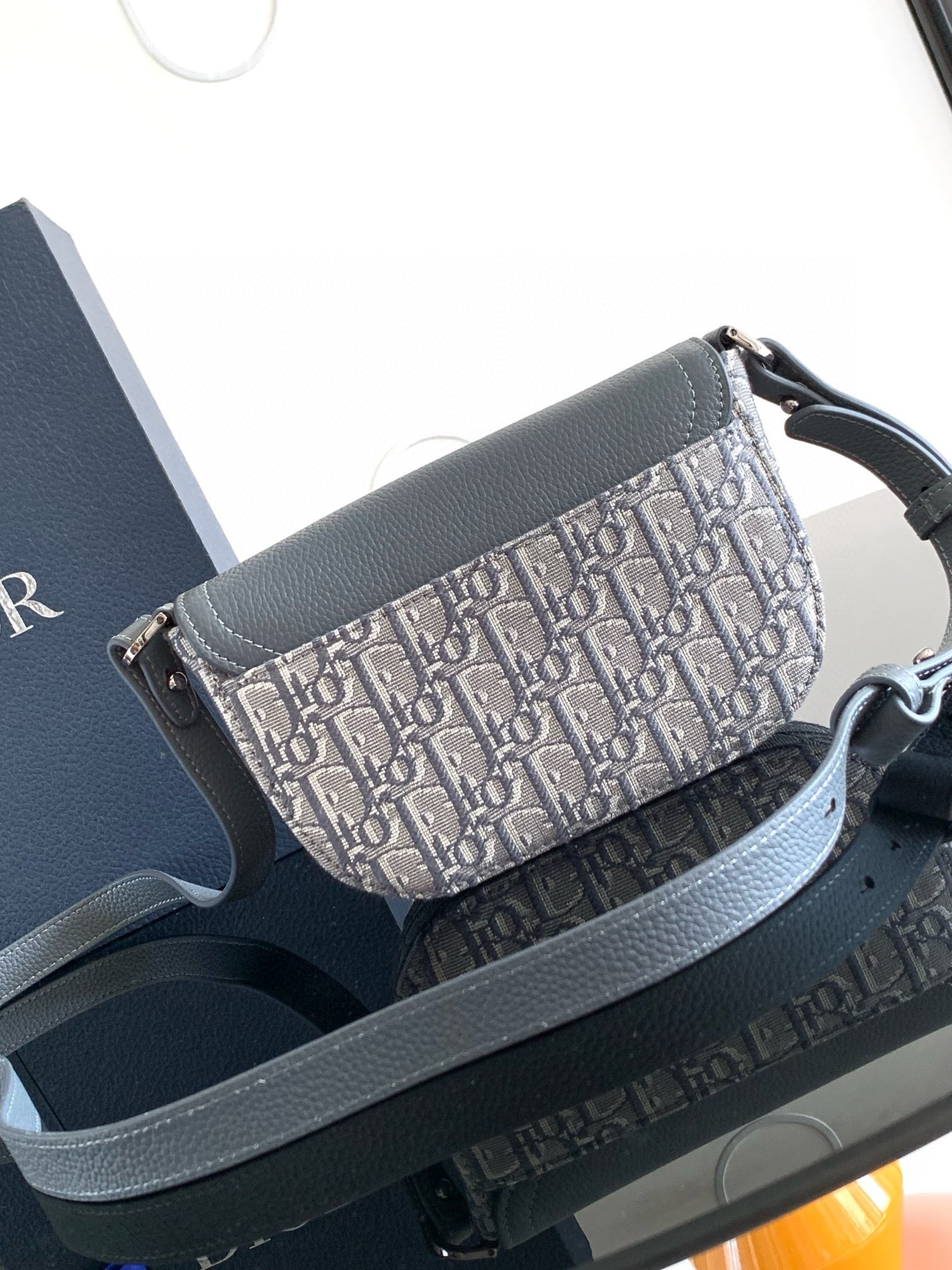 D*or mini saddle messenger bag in grey oblique jacquard and calfskin