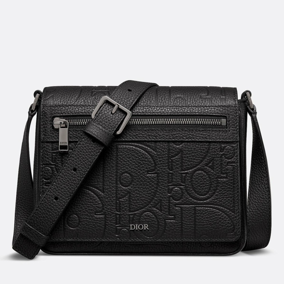 D*or men''s messenger bag with flap in black gravity leather