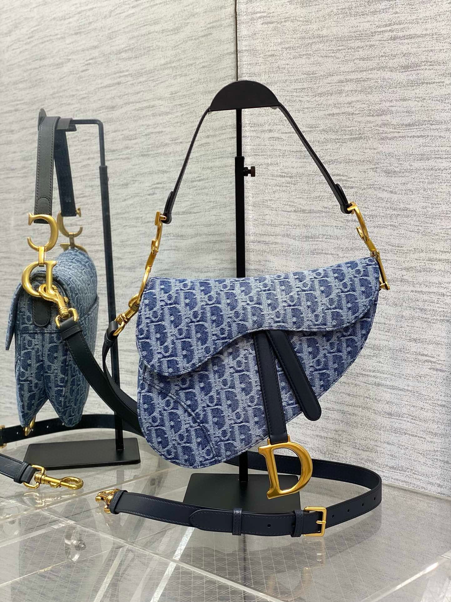 D*or saddle bag with strap in blue denim oblique jacquard