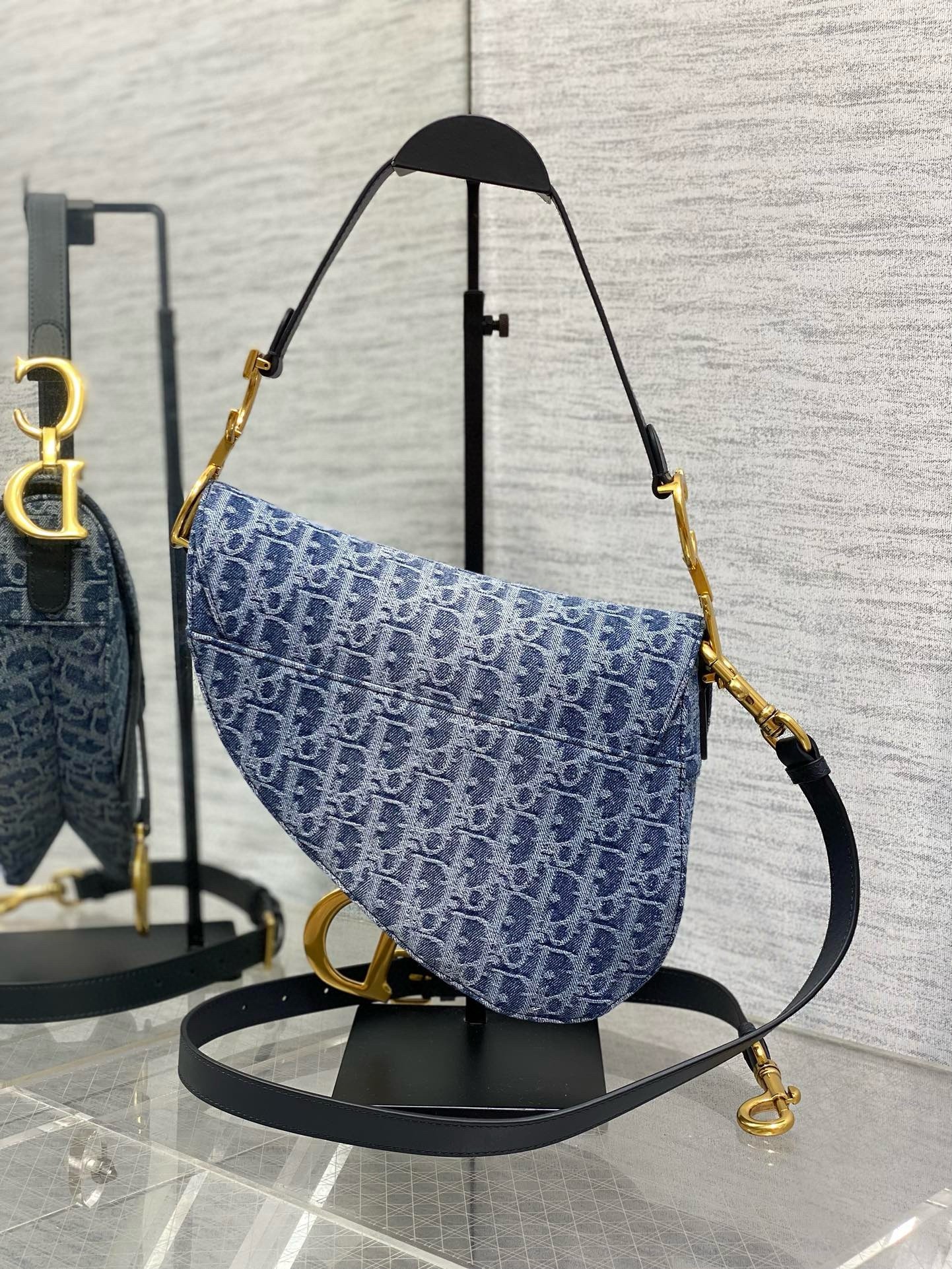 D*or saddle bag with strap in blue denim oblique jacquard