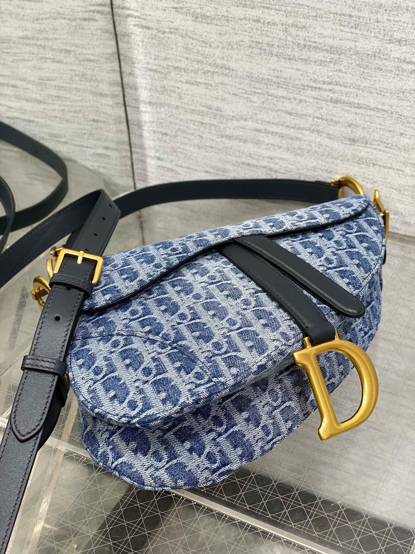 D*or saddle bag with strap in blue denim oblique jacquard