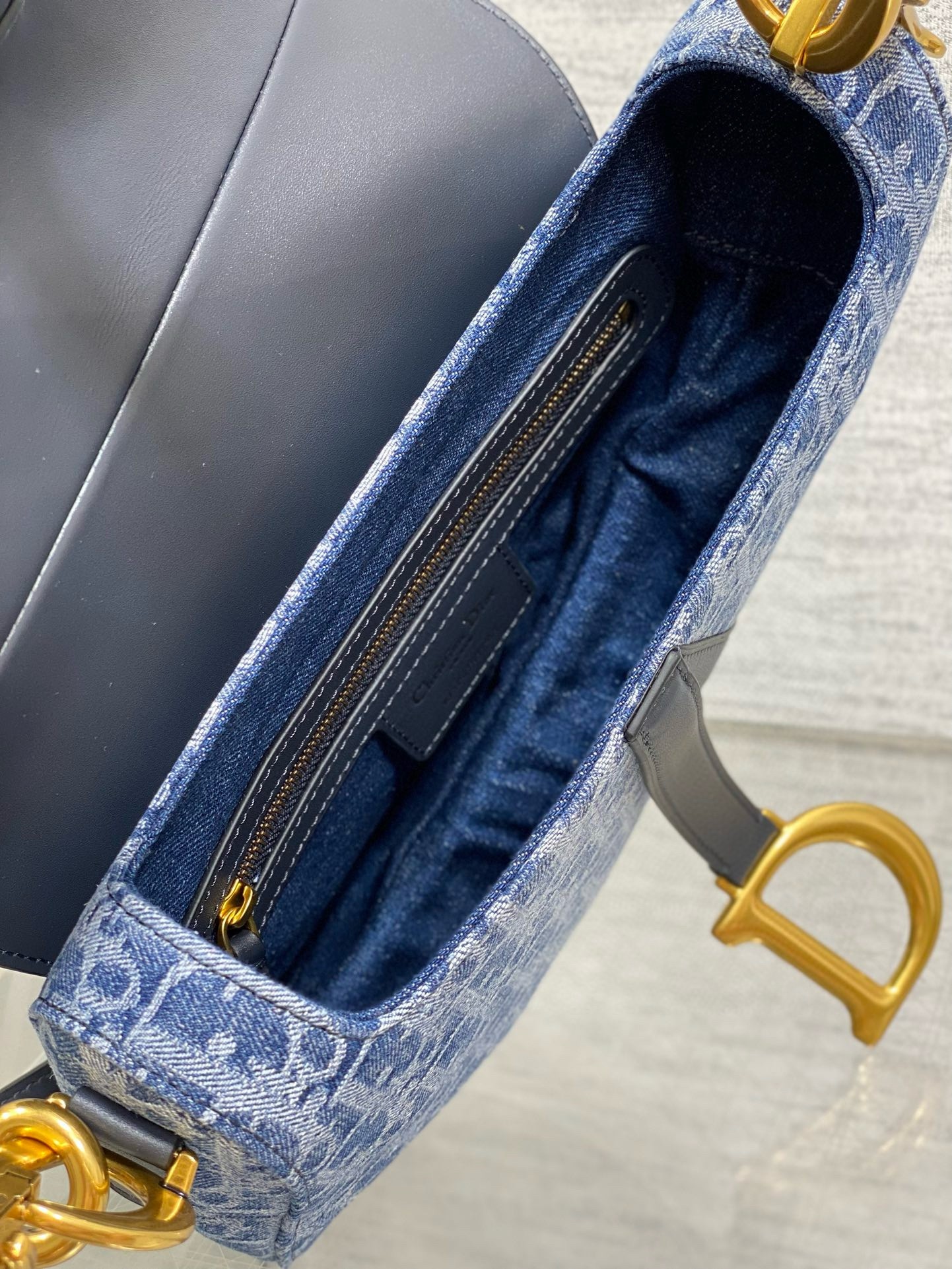 D*or saddle bag with strap in blue denim oblique jacquard