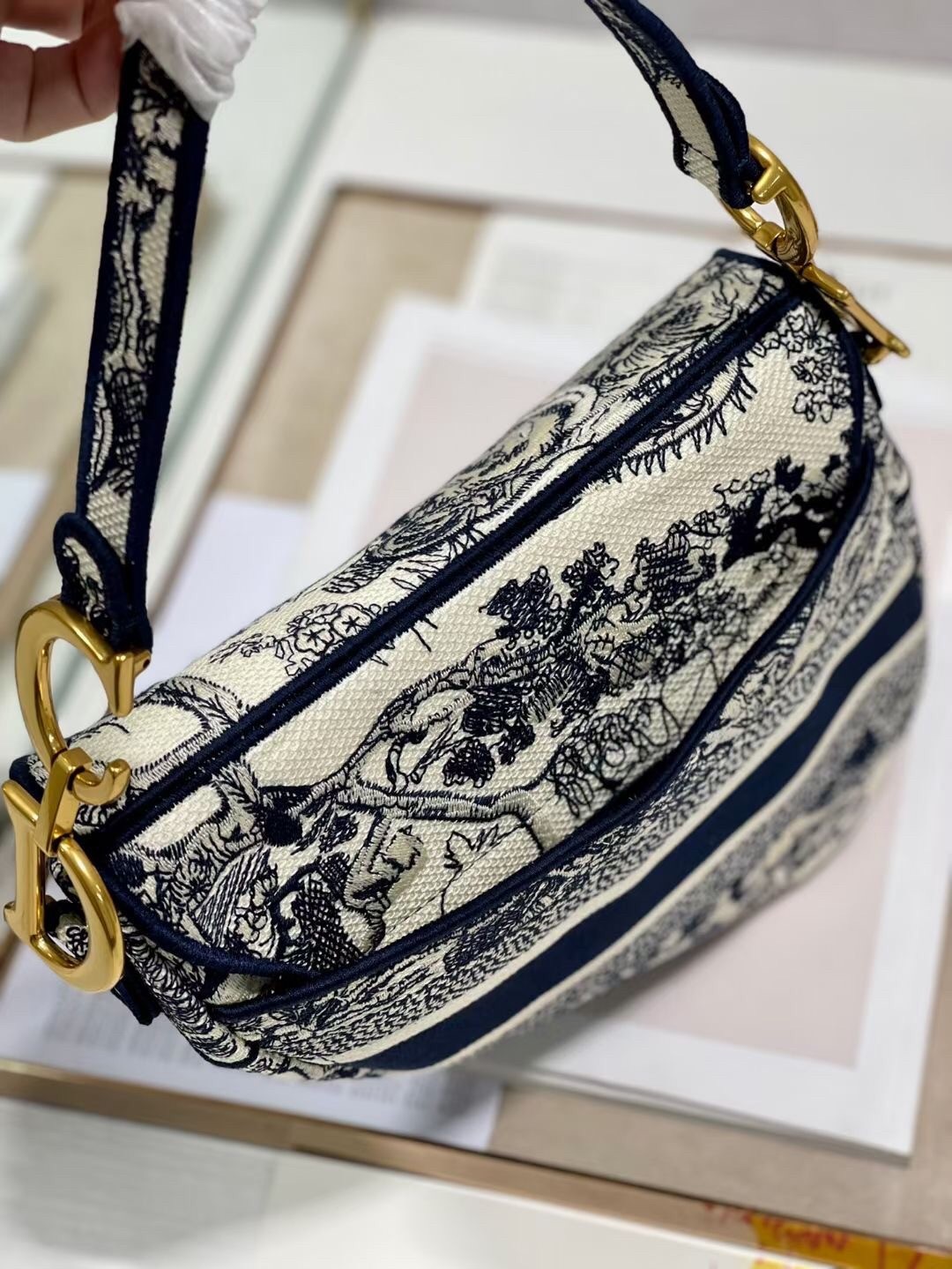 Replica Dior Saddle Bag In Blue Toile de Jouy Embroidery