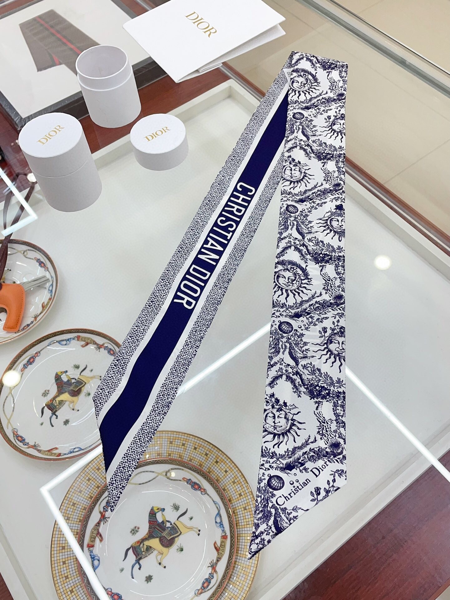 D*or toile de jouy soleil mitzah scarf in blue silk twill